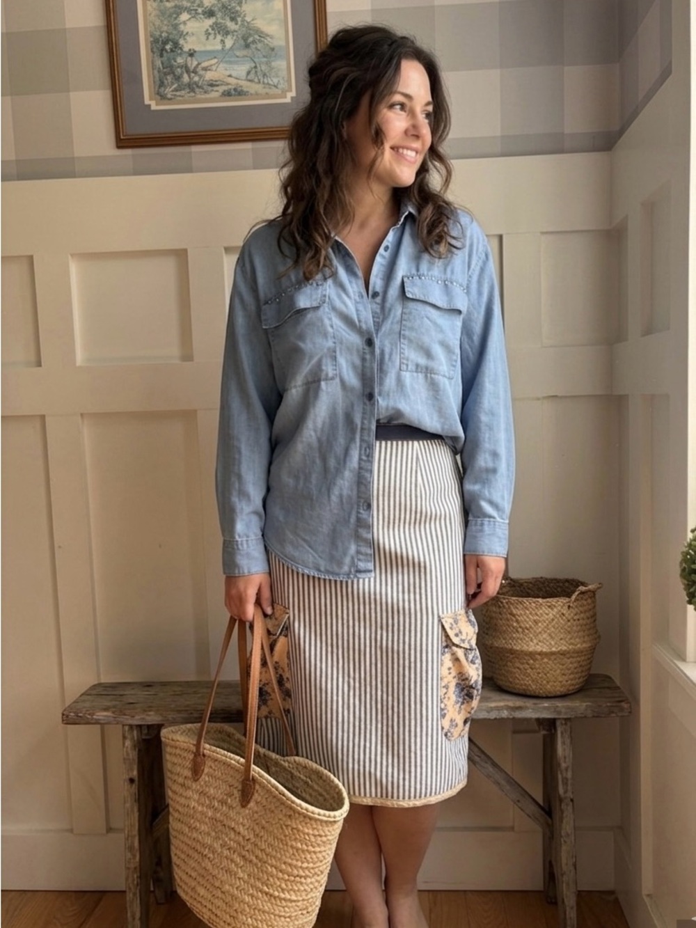 Vintage Striped Midi Skirt with Floral Patch‎ Pocket - Blue/White Medium